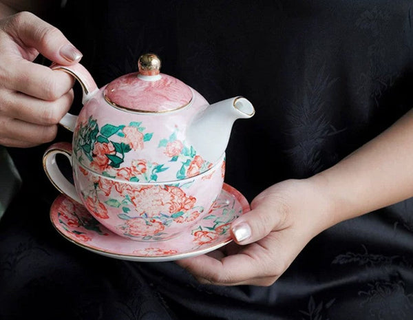 Mother-and-Baby Teapot with Matching Saucer, Vintage Style Stackable Tea Pot Set, Ceramic Tea Pot with Integrated Cup, English Style Tea Pot and Cup Set-HomePaintingDecor