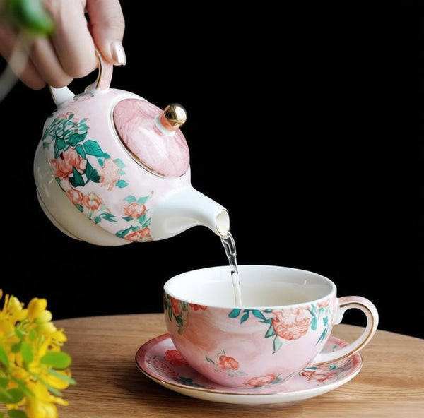 Ceramic Tea Pot with Integrated Cup, Mother-and-Baby Teapot with Matching Saucer, Vintage Style Stackable Tea Pot Set, English Style Tea Pot and Cup Set-HomePaintingDecor