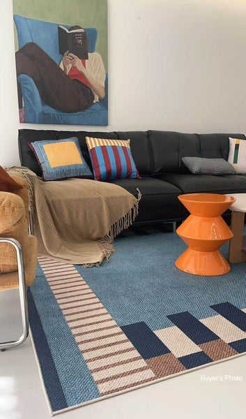 Geometric Modern Area Rugs, Modern Living Room Rug Ideas, Mid Century Contemporary Rugs, Blue Modern Rugs for Dining Room-HomePaintingDecor