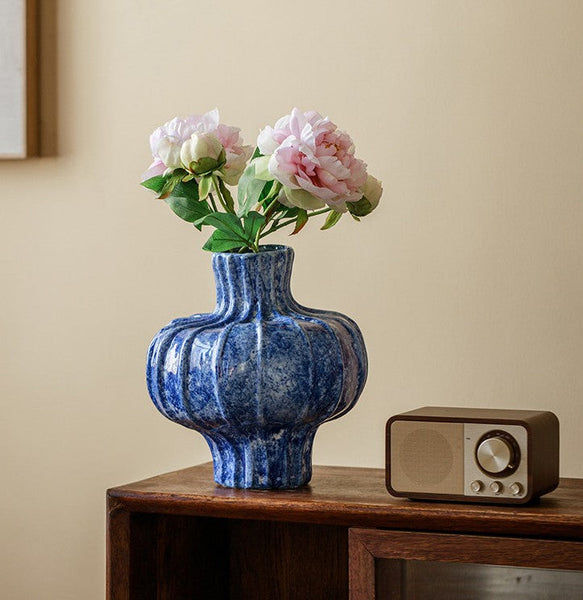 Modern Pottery Flower Vases, Handmade Water Holding Flower Vases, Centerpiece on Dining Table, Blue Ceramic Bud Vases, Tall Flower Vases on Table-HomePaintingDecor