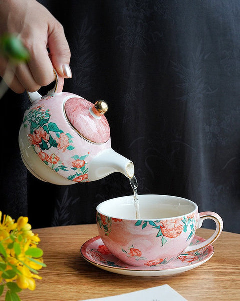 Ceramic Tea Pot with Integrated Cup, Mother-and-Baby Teapot with Matching Saucer, Vintage Style Stackable Tea Pot Set, English Style Tea Pot and Cup Set-HomePaintingDecor