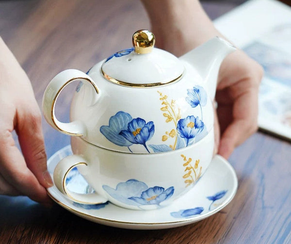Porcelain Teapot with Matching Cup and Saucer in Gift Box, Ceramic Tea Pot with Integrated Cup, Stackable Teapot and Cup Set, Mother-and-Baby Teapot with Matching Saucer-HomePaintingDecor