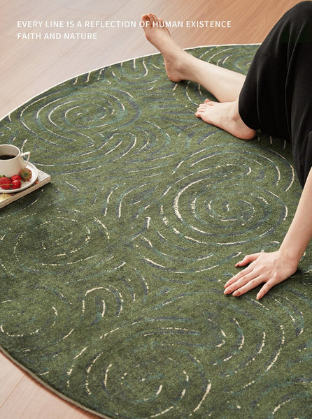 Bedroom Abstract Modern Area Rugs, Green Contemporary Modern Rugs, Geometric Round Rugs for Dining Room, Mid Century Round Modern Rugs under Chairs-HomePaintingDecor