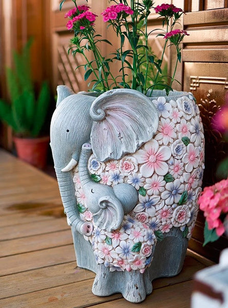 Modern Garden Flower Pot, Unique Animal Statue for Garden Ornaments, Beautiful Elephant Flowerpot, Resin Statue for Garden, Villa Outdoor Decor Gardening Ideas-HomePaintingDecor