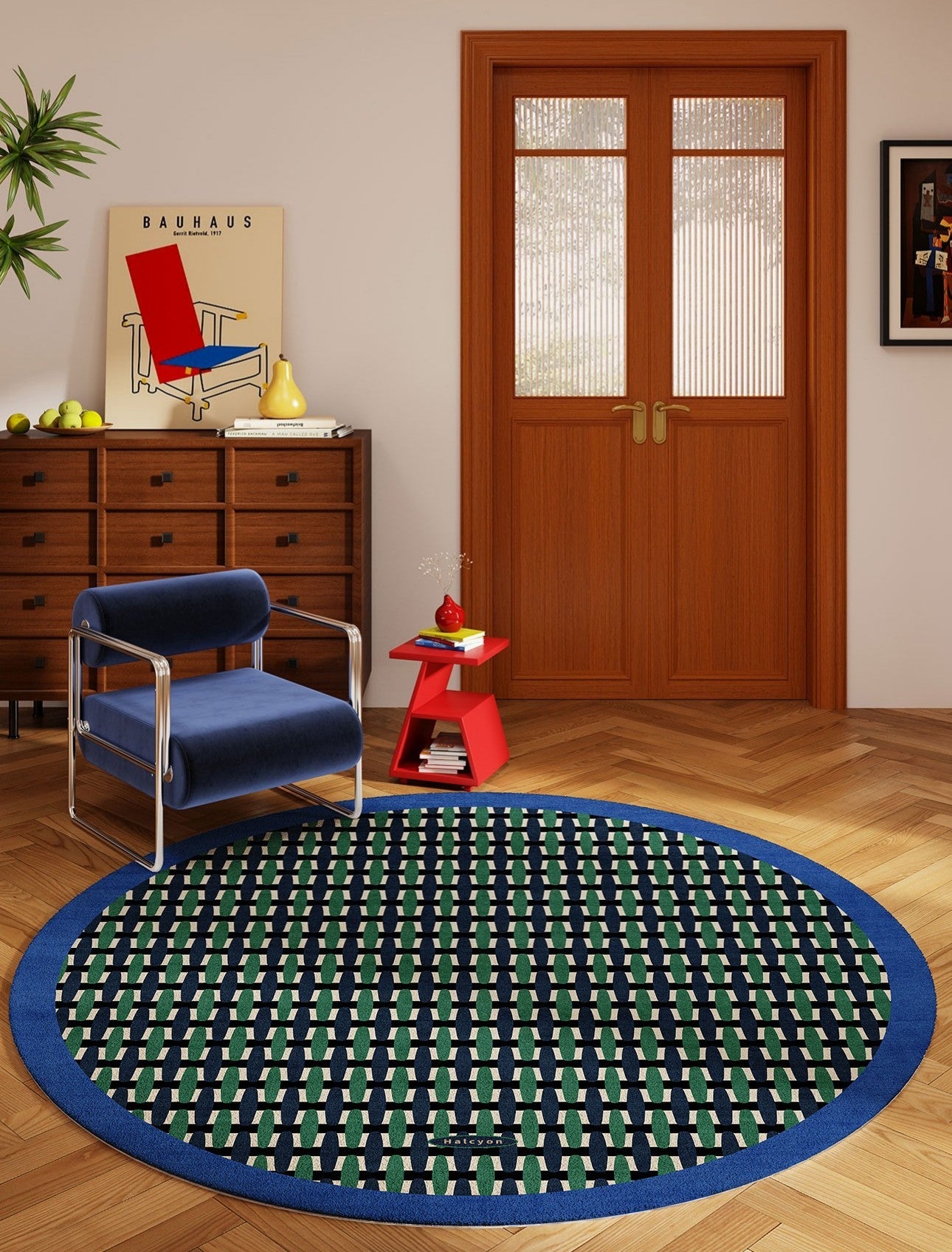 Abstract Contemporary Round Rugs Under Chairs, Mid Century Modern Decor, Stylish Floor Accent