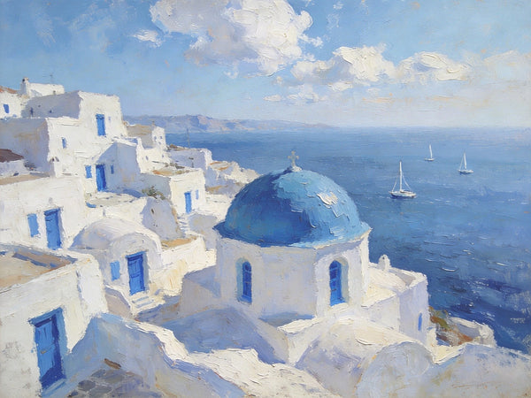 Small Landscape Paintings on Canvas, Aegean Breeze and Blue Domes, Original Oil Paintings, Palette Knife Oil Paintings, Landscape Canvas Paintings, Hand Painted Canvas Art-HomePaintingDecor