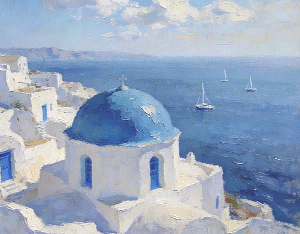 Small Landscape Paintings on Canvas, Aegean Breeze and Blue Domes, Original Oil Paintings, Palette Knife Oil Paintings, Landscape Canvas Paintings, Hand Painted Canvas Art-HomePaintingDecor