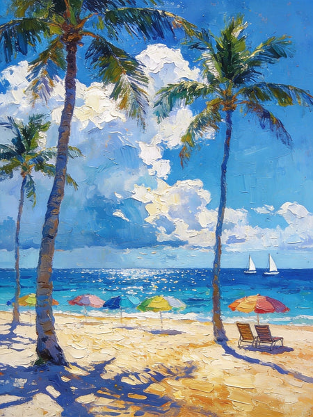 Hand Painted Canvas Wall Art, Palm Trees and Peaceful Seas, Beach Seashore Paintings, Original Artwork, Small Oil Paintings, Heavy Texture Artwork, Small Canvas Paintings-HomePaintingDecor