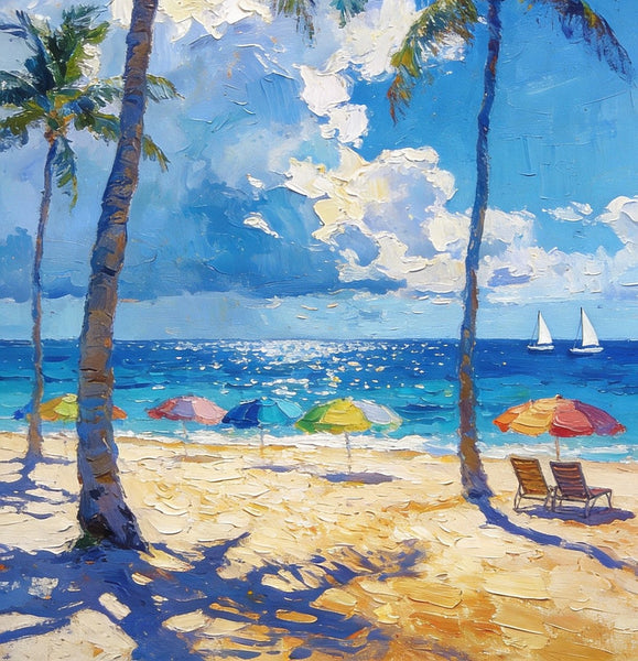 Hand Painted Canvas Wall Art, Palm Trees and Peaceful Seas, Beach Seashore Paintings, Original Artwork, Small Oil Paintings, Heavy Texture Artwork, Small Canvas Paintings-HomePaintingDecor