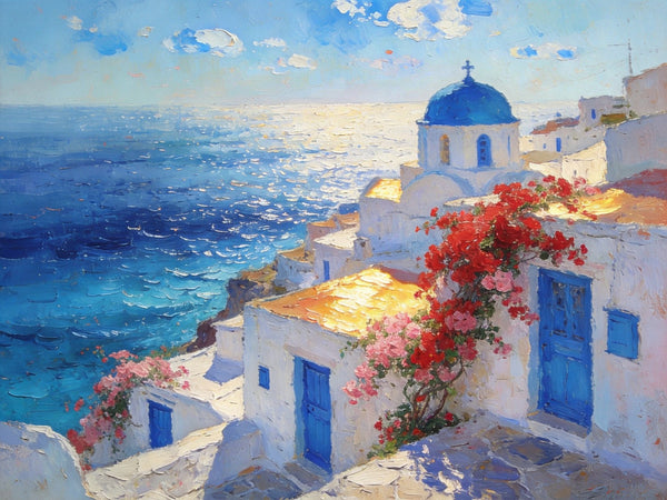Floral Vines and Maritime Blues, Aegean Blue Domes, On Canvas Small Paintings, Hand Painted Canvas Art, Small Landscape Paintings, Landscape Wall Art Paintings, Original Oil Paintings-HomePaintingDecor