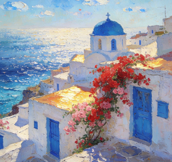 Floral Vines and Maritime Blues, Aegean Blue Domes, On Canvas Small Paintings, Hand Painted Canvas Art, Small Landscape Paintings, Landscape Wall Art Paintings, Original Oil Paintings-HomePaintingDecor