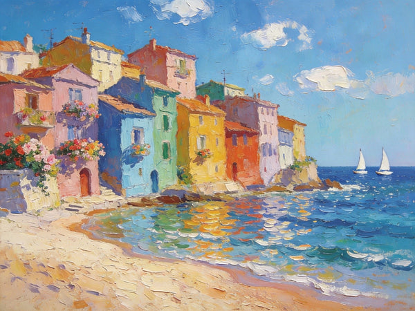 Palette Knife Oil Paintings, Seashore Town Tranquility, Original Oil Paintings, Small Landscape Paintings on Canvas, Landscape Canvas Paintings, Hand Painted Canvas Art-HomePaintingDecor