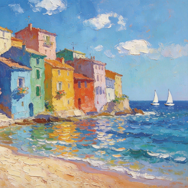 Palette Knife Oil Paintings, Seashore Town Tranquility, Original Oil Paintings, Small Landscape Paintings on Canvas, Landscape Canvas Paintings, Hand Painted Canvas Art-HomePaintingDecor