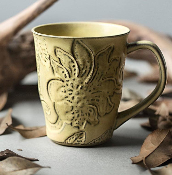 Green Ceramic Coffee Mug, Birthday Gifts, Stoneware Coffee Mugs, Handmade Pottery Coffee Mug, Large Capacity Coffee Cups-HomePaintingDecor