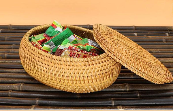 Storage Basket for Kitchen, Small Rattan Storage Basket, Round Storage Basket with Lid, Pantry Storage Ideas-HomePaintingDecor