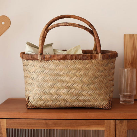 Storage Basket with Handle, Large Kitchen Storage Baskets, Natural Hand-woven Bamboo Storage Basket, Lovely Bamboo Weaving Baskets for Vegetable, Picnic Fruit Storage Baskets-HomePaintingDecor