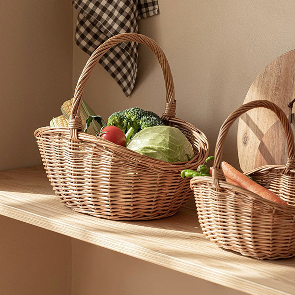 Natural Hand-woven Wicker Storage Basket, Large Picnic Food Basket with Handle, Lovely Willow Weaving Baskets for Vegetable, Natural Fruit Basket, Kitchen Storage Baskets-HomePaintingDecor