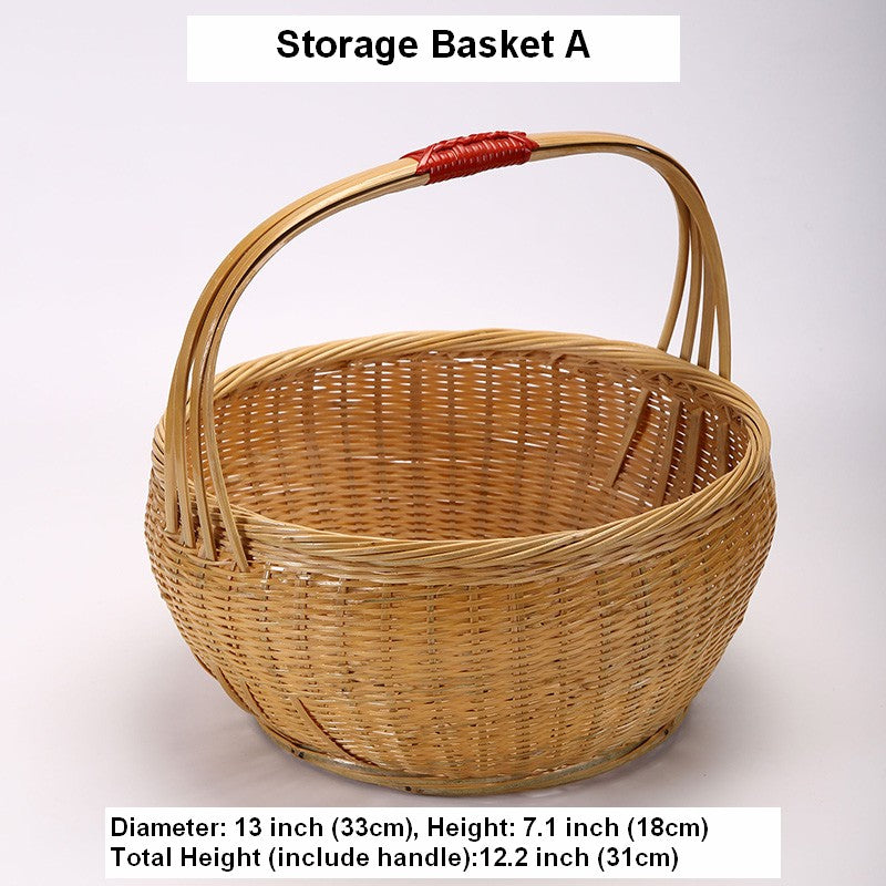 Natural Hand-woven Bamboo Basket, Extra Large Picnic Food Basket with Handle, Lovely Bamboo Baskets for Vegetable, Natural Fruit Basket Kitchen Storage Baskets-HomePaintingDecor