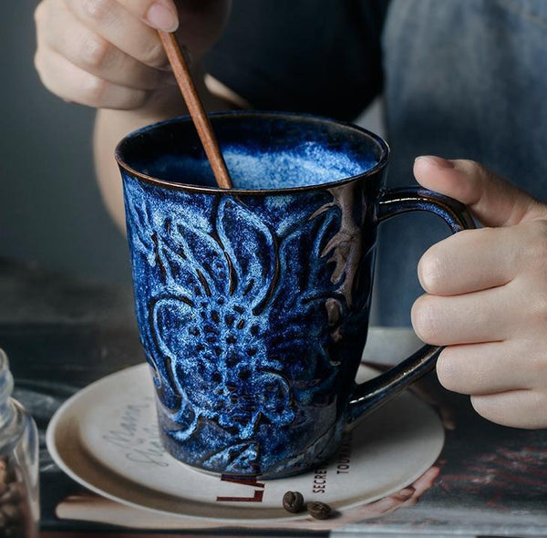 Green Ceramic Coffee Mug, Birthday Gifts, Stoneware Coffee Mugs, Handmade Pottery Coffee Mug, Large Capacity Coffee Cups-HomePaintingDecor