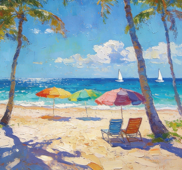 Seaside Relaxation Spot, Seashore Painting, Beach Palm Tree Paintings, Original Artwork, Small Oil Paintings, Hand Painted Canvas Art, Heavy Texture Wall Art Paintings, Small Paintings On Canvas-HomePaintingDecor