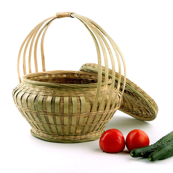 Picnic Food Basket with Handle, Large Natural Hand-woven Bamboo Basket, Natural Fruit Basket Lovely Bamboo Baskets for Vegetable, Kitchen Storage Baskets-HomePaintingDecor