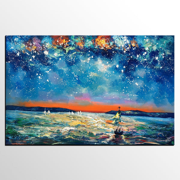 Large Canvas Art Painting, Sail Boat under Starry Night Painting, Custom Large Oil Painting
