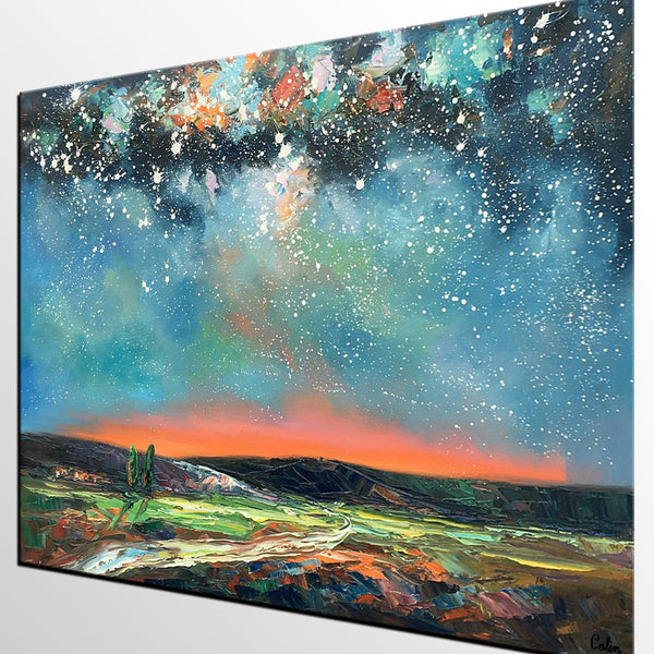 Landscape Canvas Painting, Starry Night Sky Painting, Hand Painted Canvas Art Painting, Landscape Painting for Bedroom, Custom Canvas Painting for Sale