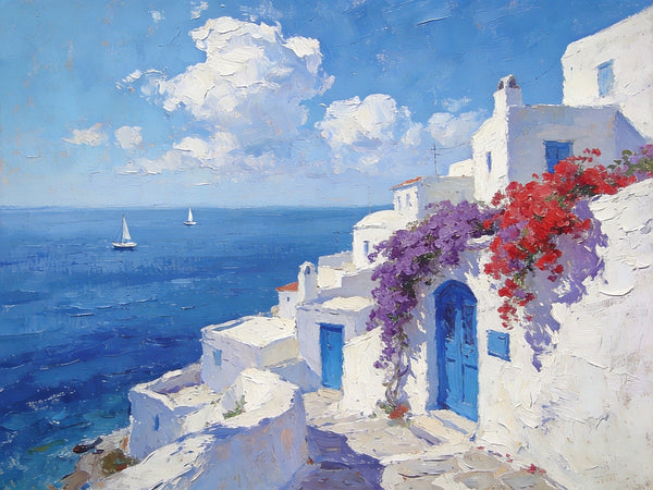 Original Oil Paintings, Santorini's Coastal Serenity, Small Landscape Paintings on Canvas, Palette Knife Wall Art, Landscape Oil Paintings, Hand Painted Canvas Artwork-HomePaintingDecor