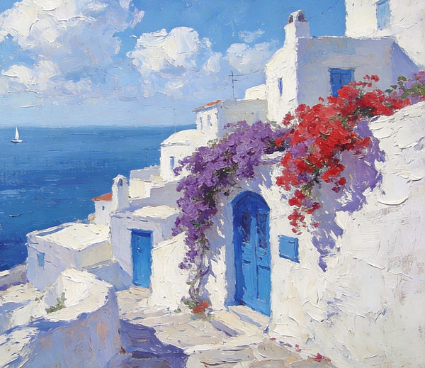 Original Oil Paintings, Santorini's Coastal Serenity, Small Landscape Paintings on Canvas, Palette Knife Wall Art, Landscape Oil Paintings, Hand Painted Canvas Artwork-HomePaintingDecor