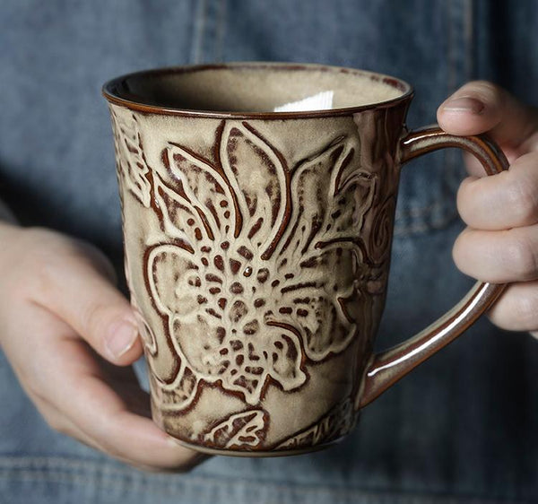 Green Ceramic Coffee Mug, Birthday Gifts, Stoneware Coffee Mugs, Handmade Pottery Coffee Mug, Large Capacity Coffee Cups-HomePaintingDecor