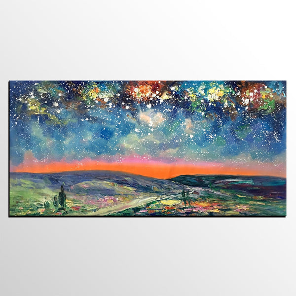 Starry Night Sky Painting, Custom Extra Large Painting, Original Landscape Painting, Canvas Painting for Dining Room