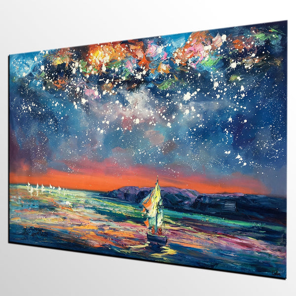 Custom Large Oil Painting, Large Canvas Art Painting, Sail Boat under Starry Night Painting