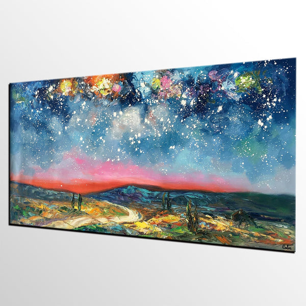 Custom Extra Large Painting, Starry Night Sky Painting, Original Landscape Painting, Canvas Painting for Dining Room-HomePaintingDecor