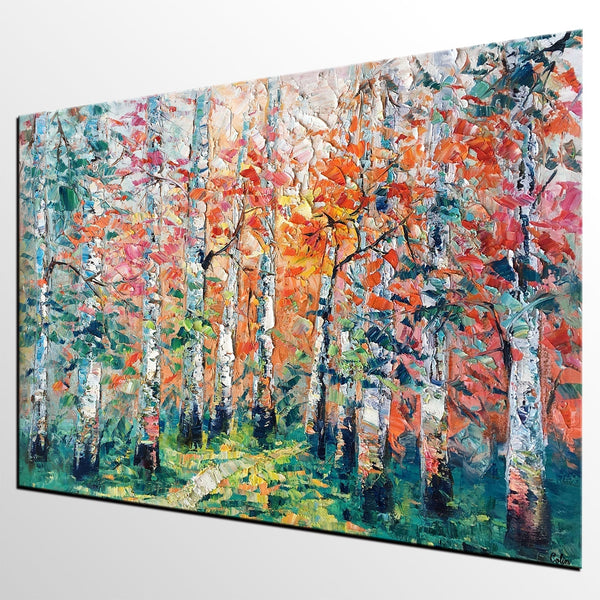 Abstract Landscape Painting, Custom Canvas Painting for Living Room, Heavy Texture Canvas Painting, Autumn Birch Tree-HomePaintingDecor