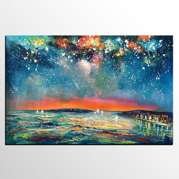 Buy Art Online, Abstract Art for Sale, Sail Boat under Starry Night Sky Painting, Custom Art-HomePaintingDecor