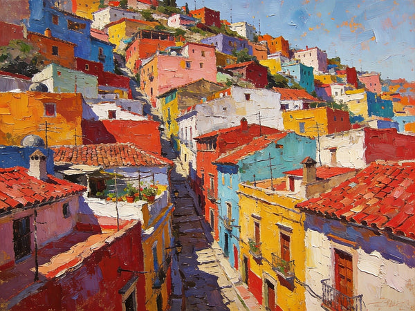 Colorful Terraces of Guanajuato, Hand Painted Canvas Art, Small Oil Paintings, Small Wall Art Paintings, Landscape Canvas Paintings, Original Canvas Paintings-HomePaintingDecor