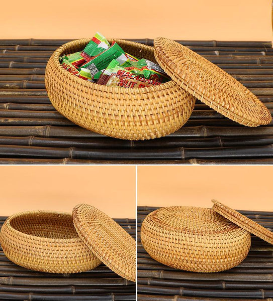 Storage Basket for Kitchen, Small Rattan Storage Basket, Round Storage Basket with Lid, Pantry Storage Ideas-HomePaintingDecor