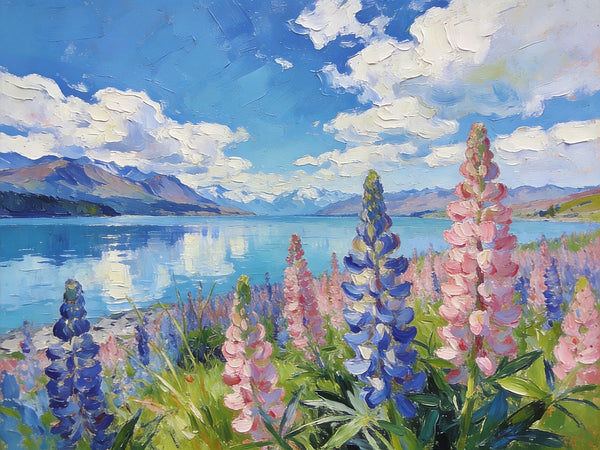 Stunning New Zealand Lake Landscape, Lupins in Bloom, Landscape Paintings on Canvas, Original Oil Paintings, Palette Knife Oil Paintings, Small Landscape Paintings, Hand Painted Canvas Artwork-HomePaintingDecor