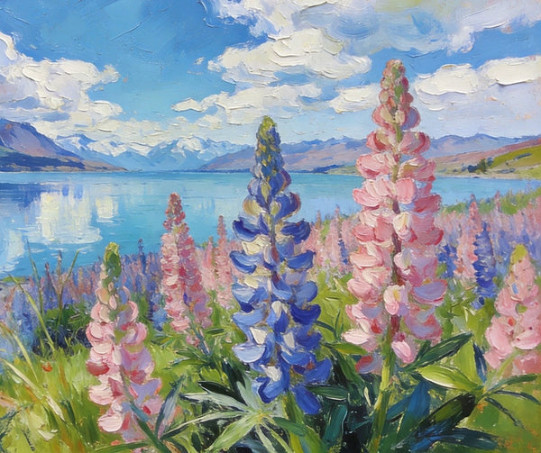 Stunning New Zealand Lake Landscape, Lupins in Bloom, Landscape Paintings on Canvas, Original Oil Paintings, Palette Knife Oil Paintings, Small Landscape Paintings, Hand Painted Canvas Artwork-HomePaintingDecor