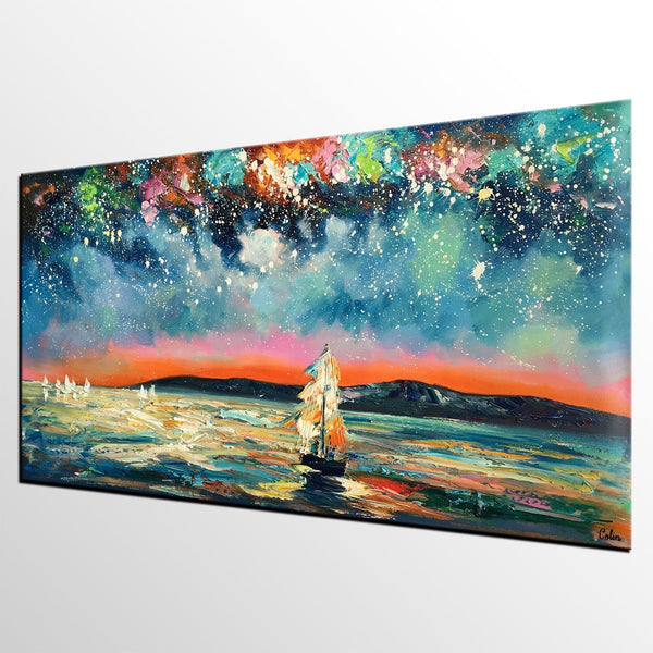 Landscape Wall Art Paintings, Starry Night Sky Painting, Original Canvas Painting, Custom Large Painting for Bedroom