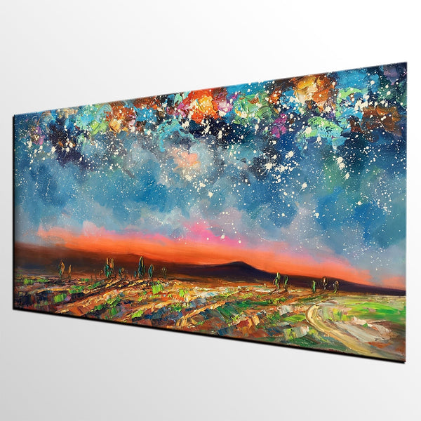 Starry Night Sky Painting, Custom Landscape Painting, Canvas Painting for Bedroom-HomePaintingDecor