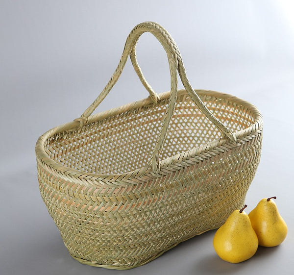 Lovely Bamboo Baskets for Vegetable, Natural Fruit Basket Kitchen Storage Baskets, Picnic Food Basket with Handle, Large Natural Hand-woven Bamboo Basket-HomePaintingDecor