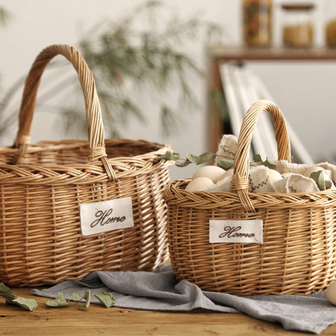 Hand-woven Wicker Storage Basket, Large Picnic Food Basket with Handle, Willow Weaving Baskets for Vegetable, Natural Fruit Basket, Kitchen Storage Baskets-HomePaintingDecor