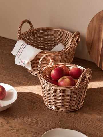 Large Picnic Fruit Basket with Handle, Natural Hand-woven Wicker Round Storage Basket, Lovely Willow Weaving Baskets for Vegetable, Natural Fruit Storage Basket, Kitchen Storage Baskets-HomePaintingDecor