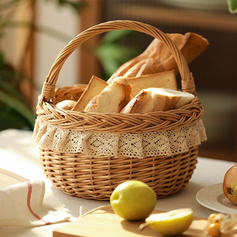 Storage Basket for Shelves, Picnic Storage Basket with Handle, Hand-woven Wicker Storage Basket, Natural Fruit Basket, Willow Weaving Baskets for Kitchen-HomePaintingDecor