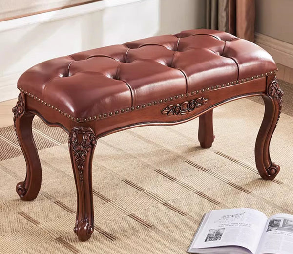 Dressing Table Stool, Rubber Wood Footstool, Vintage Chestnut Brown Leather Stool, Genuine Leather Solid Wood Entry Bench, Farmhouse Entryway Bench, Leather Lounge Chair Modern-HomePaintingDecor