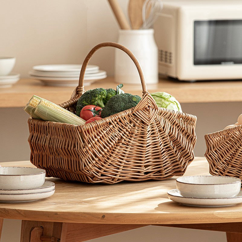Large Picnic Food Basket With Handle Natural Woven Wicker Storage