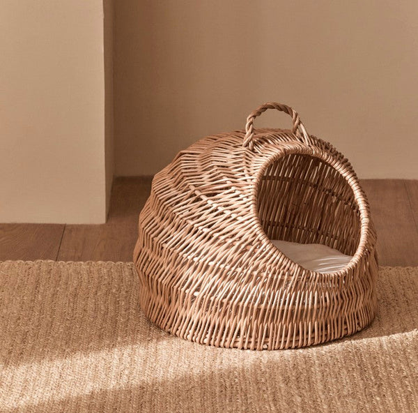 Indoor Cat Bed, Natural Wicker Cat House Basket with Washable Cushion for Indoor Cats and Dogs-HomePaintingDecor