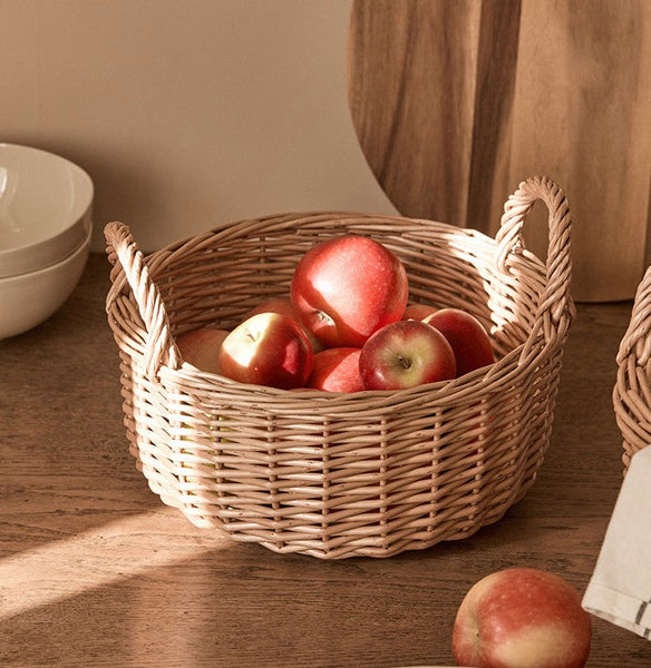 Picnic Fruit Basket with Handle, Kitchen Storage Baskets, Natural Hand-woven Wicker Round Storage Basket, Lovely Willow Weaving Baskets for Vegetable, Natural Fruit Storage Basket-HomePaintingDecor