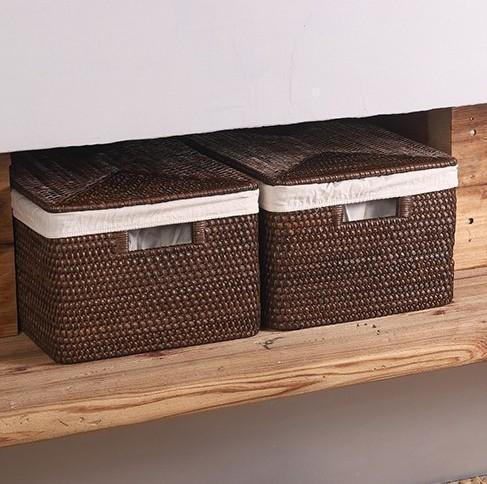 Storage Baskets for Bathroom, Rectangular Storage Baskets, Storage Basket with Lid, Storage Baskets for Clothes, Large Brown Rattan Storage Baskets-HomePaintingDecor